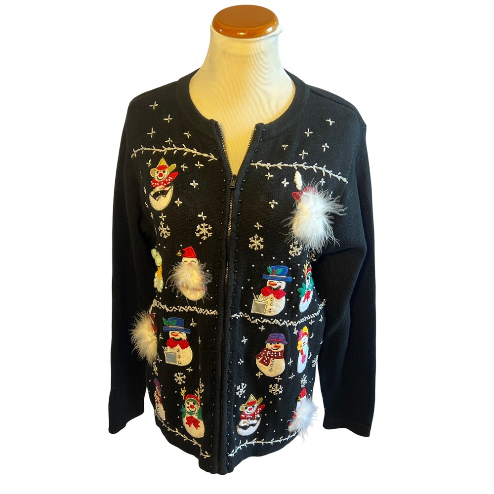 Vintage B.P. Design Snowman Black 3D Art 2 Wear Beaded Christmas Sweater Medium